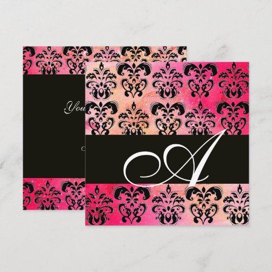 PINK FUCHSIA RED BLACK DAMASK MONOGRAM, white Kaart (Voorkant / Achterkant)