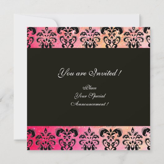PINK FUCHSIA RED BLACK DAMASK MONOGRAM, white Kaart (Achterkant)