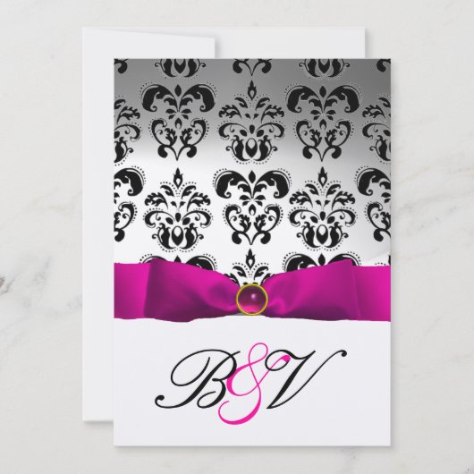 PINK FUCHSIA RIBBON SILVER BLACK DAMASK MONOGRAM KAART (Voorkant)