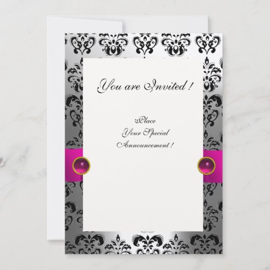 PINK FUCHSIA RIBBON SILVER BLACK DAMASK MONOGRAM KAART (Achterkant)
