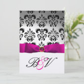 PINK FUCHSIA RIBBON SILVER BLACK DAMASK MONOGRAM KAART (Staand voorkant)