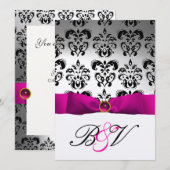 PINK FUCHSIA RIBBON SILVER BLACK DAMASK MONOGRAM KAART (Voorkant / Achterkant)
