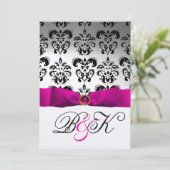 PINK FUCHSIA RIBBON WHITE BLACK DAMASK MONOGRAM KAART (Staand voorkant)