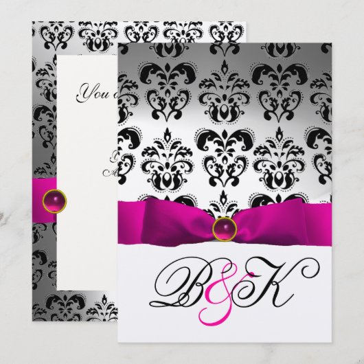 PINK FUCHSIA RIBBON WHITE BLACK DAMASK MONOGRAM KAART (Voorkant / Achterkant)
