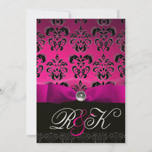 PINK FUCHSIA RIBBON WHITE BLACK DAMASK MONOGRAM KAART