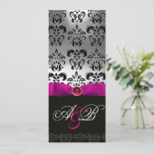PINK FUCHSIA RIBBON WHITE BLACK DAMASK MONOGRAM KAART (Staand voorkant)
