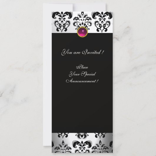 PINK FUCHSIA RIBBON WHITE BLACK DAMASK MONOGRAM KAART (Achterkant)