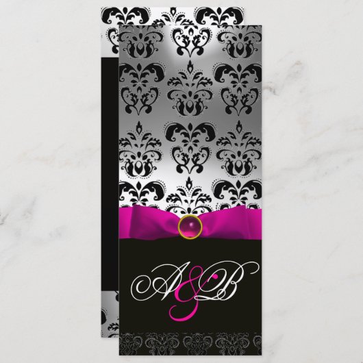 PINK FUCHSIA RIBBON WHITE BLACK DAMASK MONOGRAM KAART (Voorkant / Achterkant)