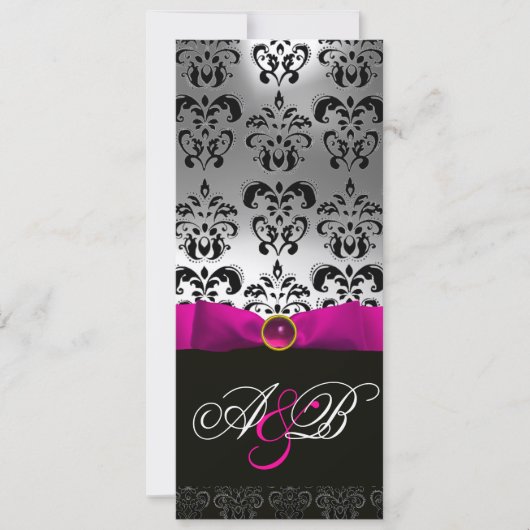 PINK FUCHSIA RIBBON WHITE BLACK DAMASK MONOGRAM KAART (Voorkant)