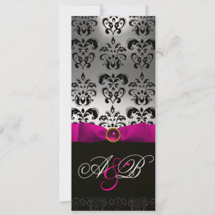 PINK FUCHSIA RIBBON WHITE BLACK DAMASK MONOGRAM KAART