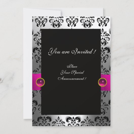 PINK FUCHSIA RIBBON WHITE BLACK DAMASK MONOGRAM KAART (Achterkant)