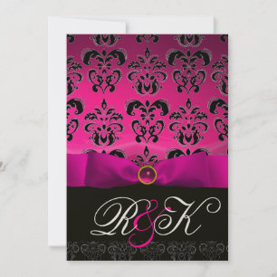 PINK FUCHSIA RIBBON WHITE BLACK DAMASK MONOGRAM KAART