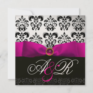 PINK FUCHSIA RIBBON WHITE BLACK DAMASK MONOGRAM KAART