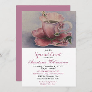 PINK FUCHSIA TEACUP PARTY EVENT INVITE KAART