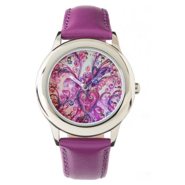 PINK FUCHSIA WHIMSICAL FLOURISHES MET HEART HORLOGE (Voorkant)