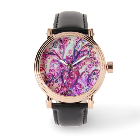 PINK FUCHSIA WHIMSICAL FLOURISHES MET HEART HORLOGE (Voorkant)
