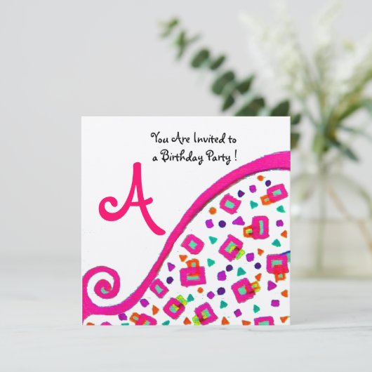 PINK FUCHSIA WHITE ABSTRACT DECO SQUARE MONOGRAM KAART (Staand voorkant)