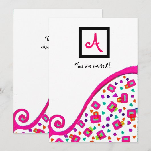 PINK FUCHSIA WHITE ABSTRACT DECO SQUARE MONOGRAM KAART (Voorkant / Achterkant)