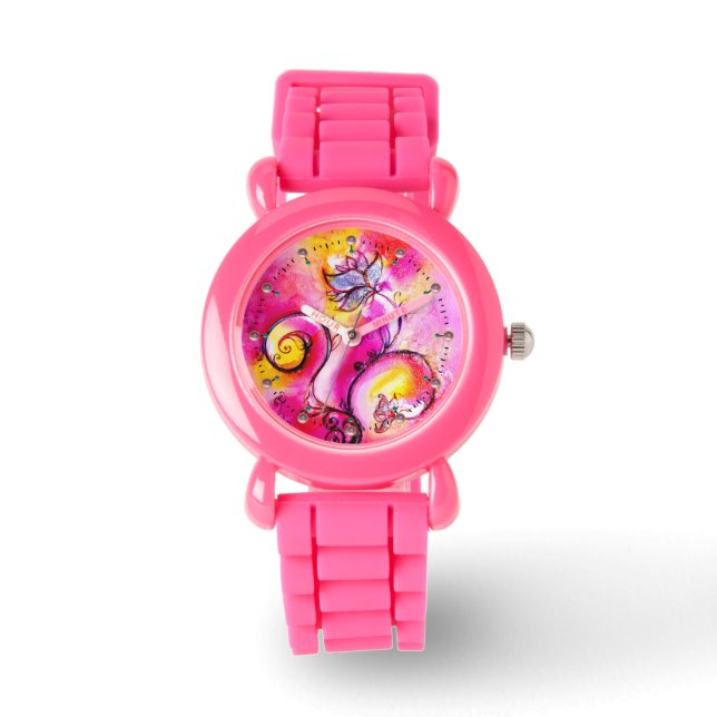PINK FUCHSIA YELLOW WHIMSICAL FLOWERS HORLOGE (Voorkant)