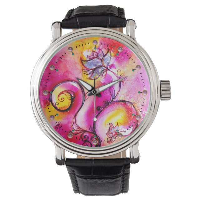PINK FUCHSIA YELLOW WHIMSICAL FLOWERS HORLOGE (Voorkant)