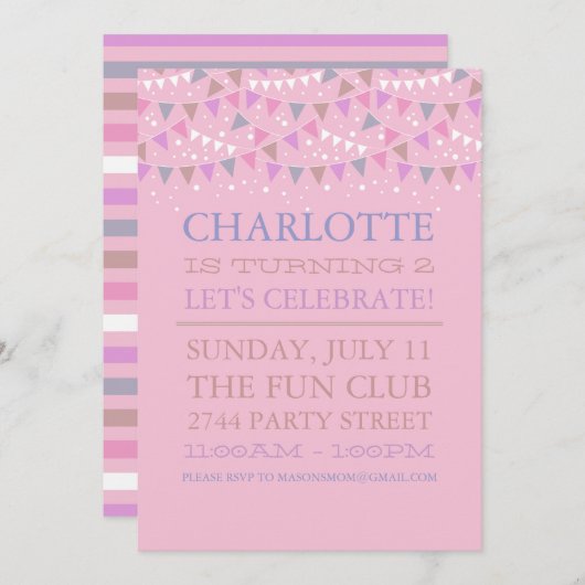 Pink Fun Bunting | Uitnodiging voor verjaardagsfee (Voorkant / Achterkant)