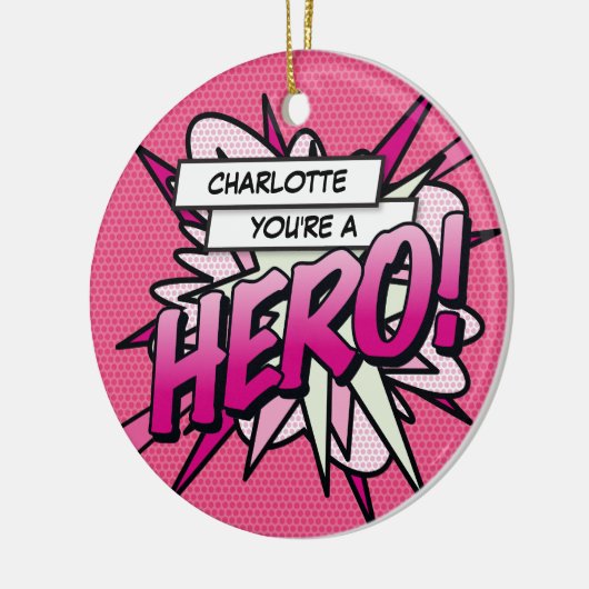 Pink Fun Comic Book HERO Foto gepersonaliseerd Keramisch Ornament (Links)