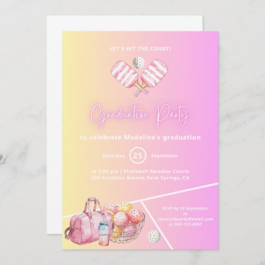 Pink Fun Pickleball Graduation Party Uitnodiging (Voorkant / Achterkant)