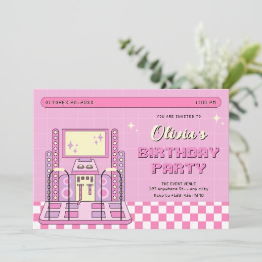 Pink Game Player Arcade Dance Machine verjaardag Kaart (Staand voorkant)