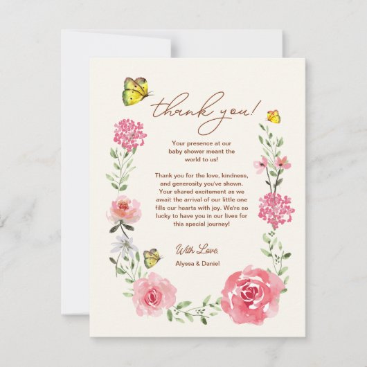 Pink Garden Baby Girl Floral Butterfly Baby Shower Bedankkaart (Voorkant)