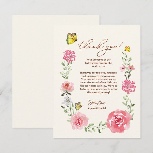 Pink Garden Baby Girl Floral Butterfly Baby Shower Bedankkaart (Voorkant / Achterkant)