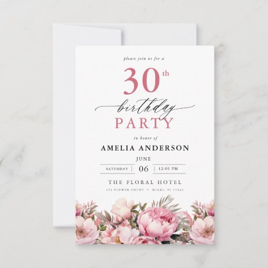 Pink Garden Floral Calligrafie 30th Birthday Kaart (Voorkant)