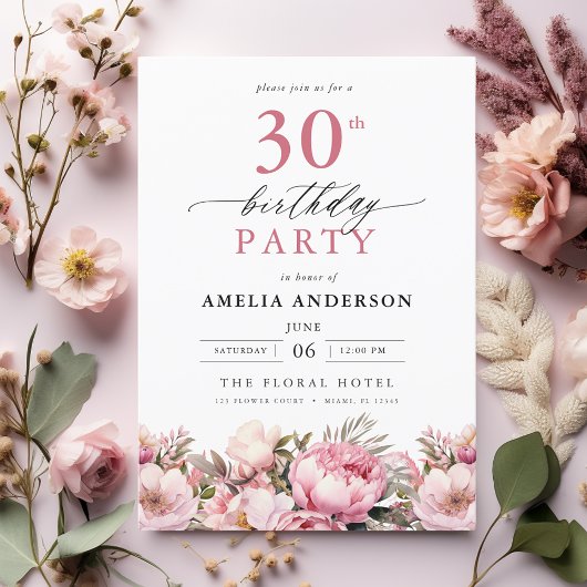 Pink Garden Floral Calligrafie 30th Birthday Kaart