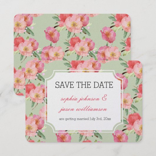Pink Garden Flowers Waterverf bewaar de datum Kaart (Voorkant / Achterkant)