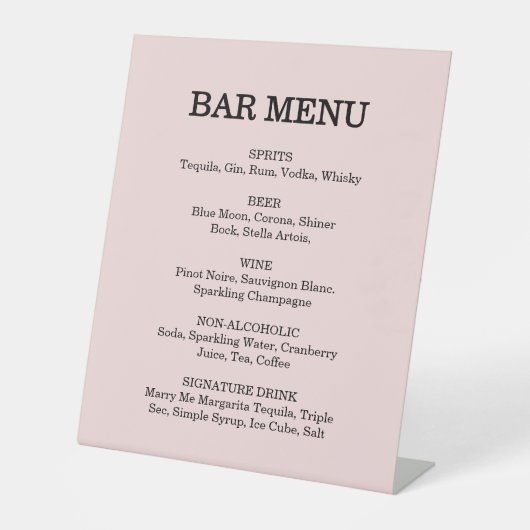 Pink Garden Roos Wedding Cocktail Menu Reclamebord Met Voetstuk (Voorkant)