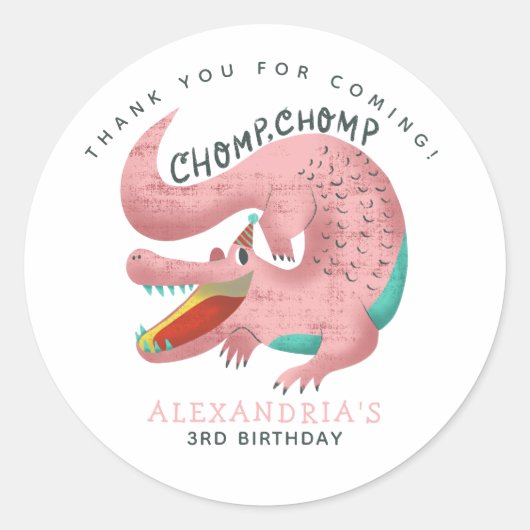 Pink Gator Theme Verjaardagsfeestje Bedankt Favor Ronde Sticker (Voorkant)