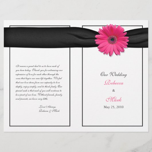 Pink Gerber Daisy Black Ribbon Wedding Programme (Voorkant)