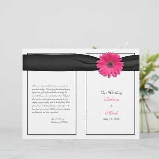 Pink Gerber Daisy Black Ribbon Wedding Programme (Staand voorkant)