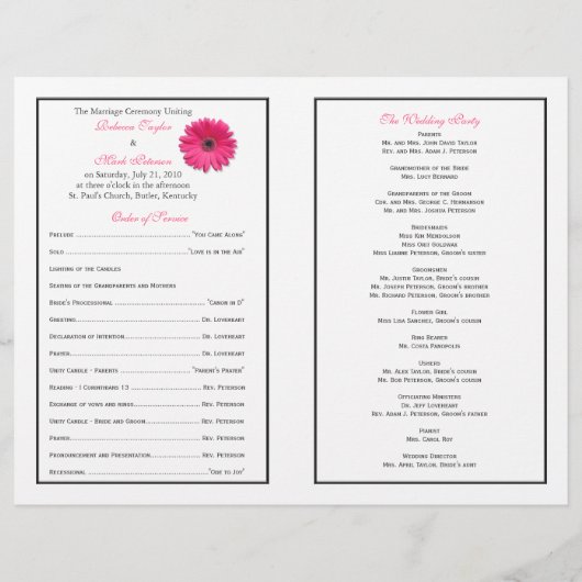 Pink Gerber Daisy Black Ribbon Wedding Programme (Achterkant)