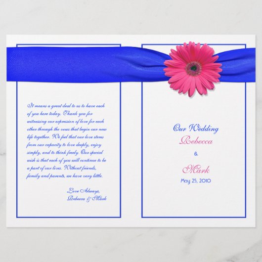Pink Gerber Daisy Blue Ribbon Wedding Programme (Voorkant)
