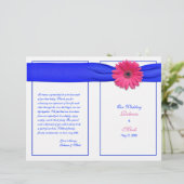 Pink Gerber Daisy Blue Ribbon Wedding Programme (Staand voorkant)