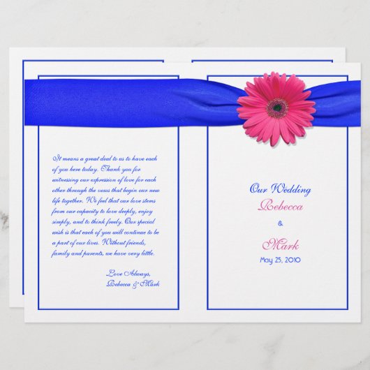 Pink Gerber Daisy Blue Ribbon Wedding Programme (Voorkant / Achterkant)