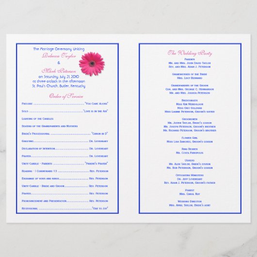 Pink Gerber Daisy Blue Ribbon Wedding Programme (Achterkant)