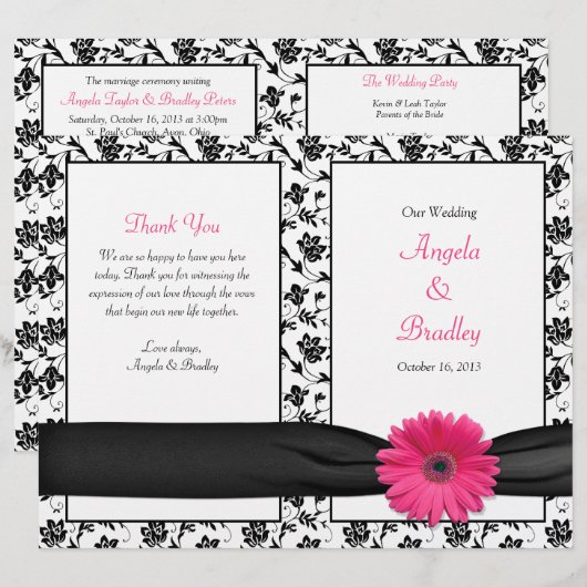 Pink Gerber Daisy Damask Floral Wedding Programme (Voorkant / Achterkant)
