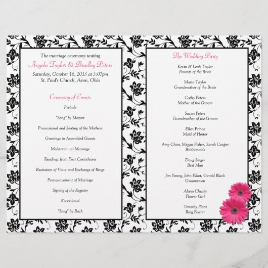 Pink Gerber Daisy Damask Floral Wedding Programme (Achterkant)