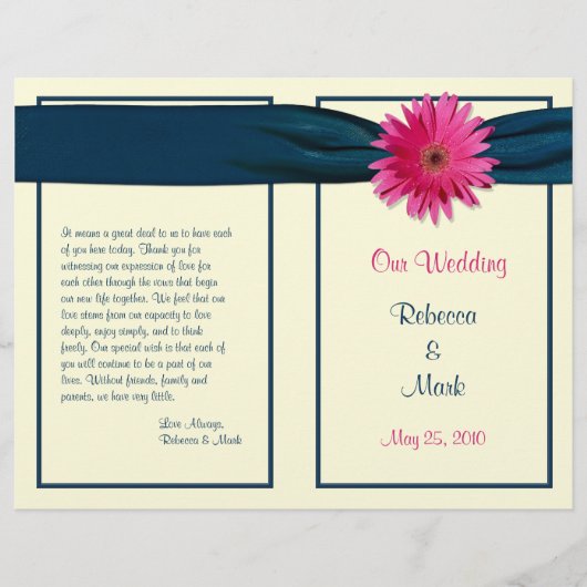 Pink Gerber Daisy Navy Ribbon Wedding Programme (Voorkant)
