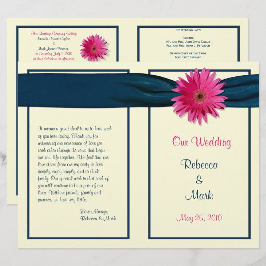 Pink Gerber Daisy Navy Ribbon Wedding Programme (Voorkant / Achterkant)