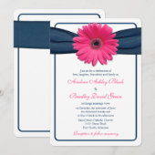 Pink Gerber Daisy Navy Ribbon Wedding Uitnodiging (Voorkant / Achterkant)