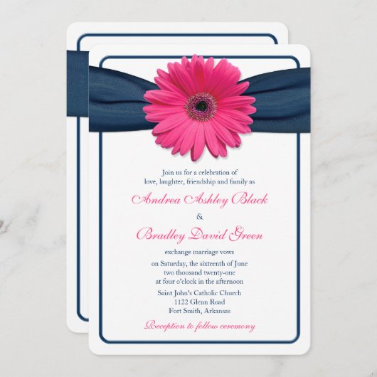 Pink Gerber Daisy Navy Ribbon Wedding Uitnodiging (Voorkant / Achterkant)