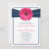 Pink Gerber Daisy Navy Ribbon Wedding Uitnodiging (Voorkant)
