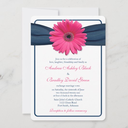 Pink Gerber Daisy Navy Ribbon Wedding Uitnodiging (Voorkant)